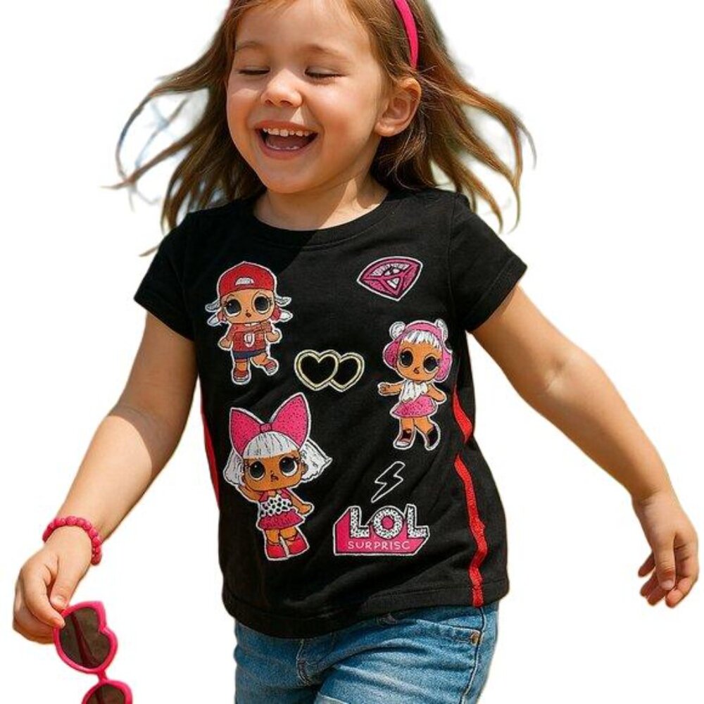 LOL Surprise! Girls Glitter Graphic Tee Black Pink XS 4/5 Short Sleeve